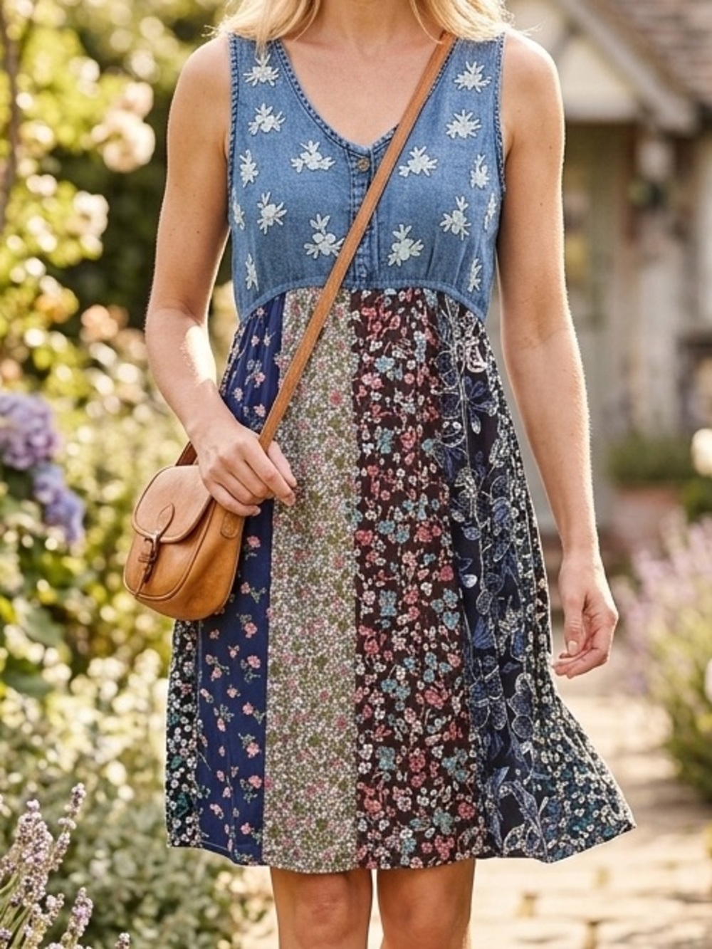 NEW Young Threads Embroidered Denim Bodice Floral Patchwork Mini Dress - Blue
